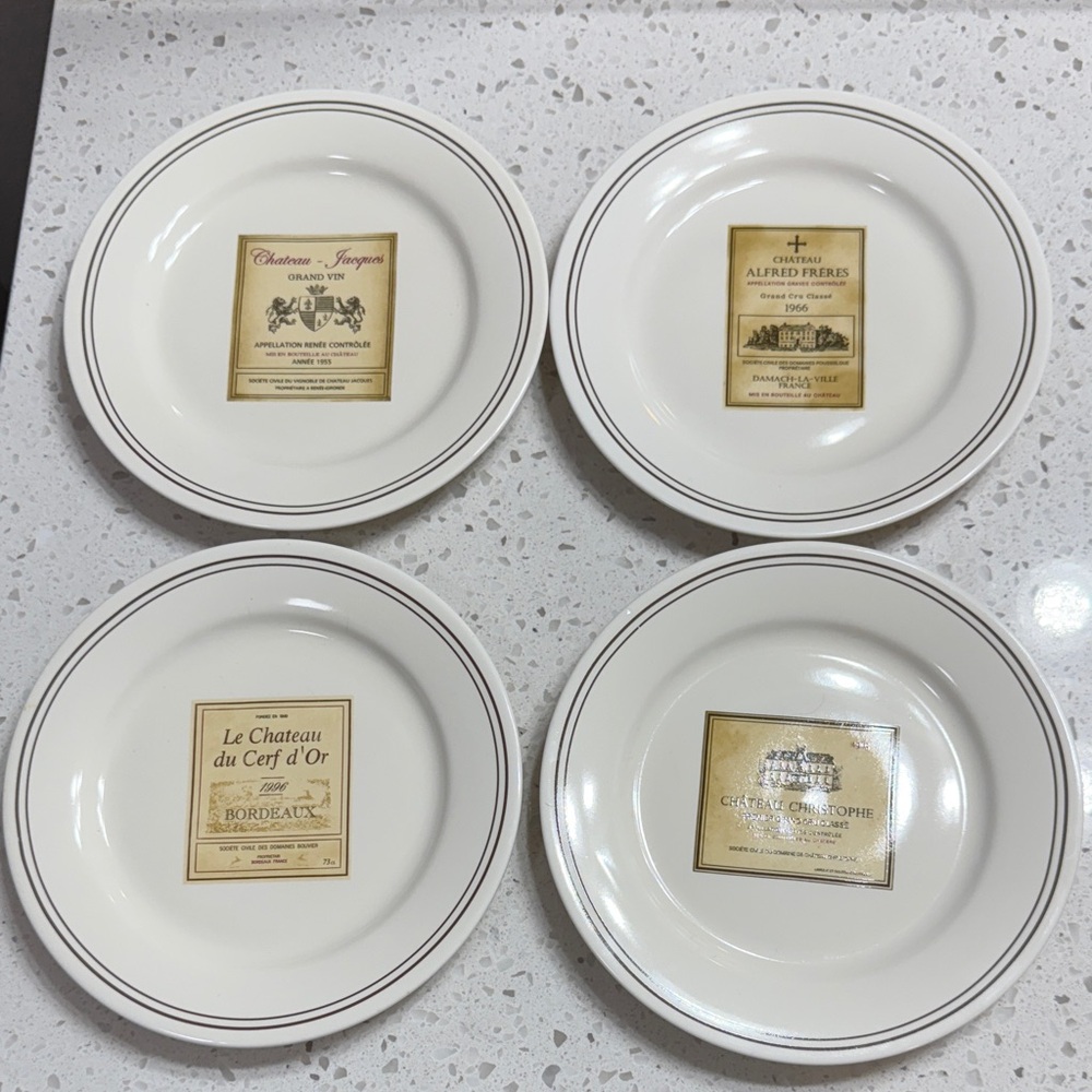 Restoration Hardware Wine theme Appetizer 4 Plate Set Cream/brown VTG 2003 EUC‎